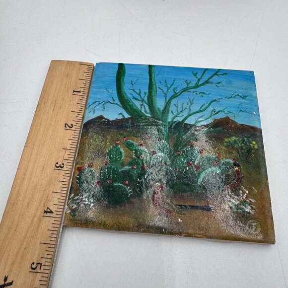 Prickly pear road runner painted tile southwest Arizona scene blue sky small tin - Picture 14 of 16